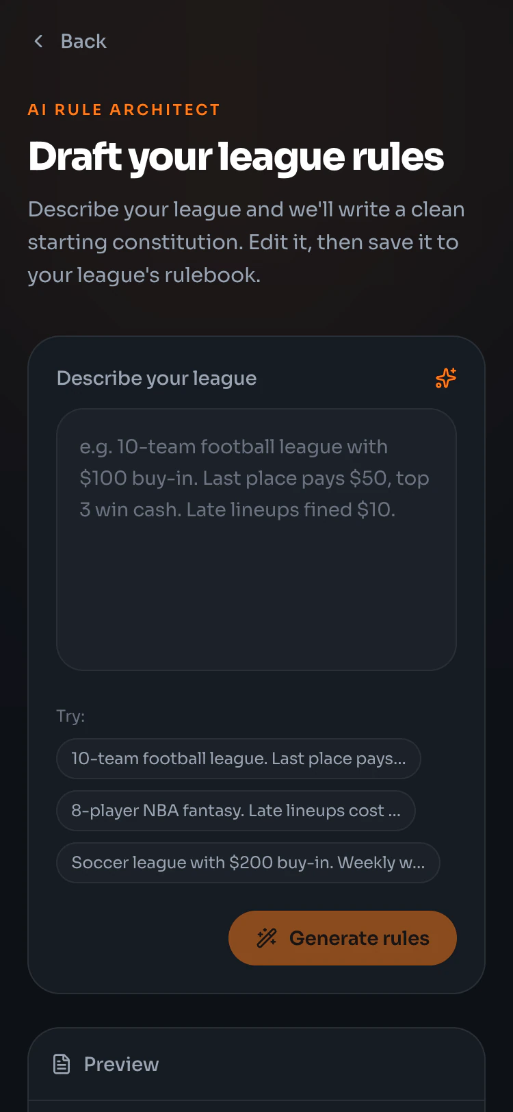 The AI rule architect drafting a league rulebook